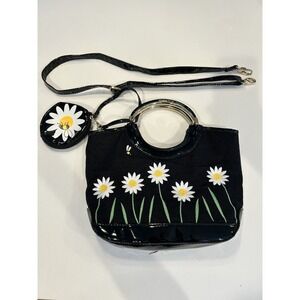 Lulu Guiness VTG Y2K 90 Embroidered Floral Daisies Bees Black Purse W/coin Bag